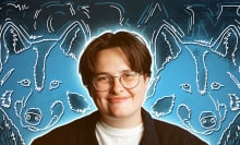A composite image of comedian Kel Cripe with illustrations of wolves and the word "Scram!"