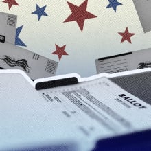 Photos of ballots and a ballot counting machine surrounded by red and blue stars.