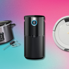 slow cooker, air purifier, and robot vacuum against a colorful background